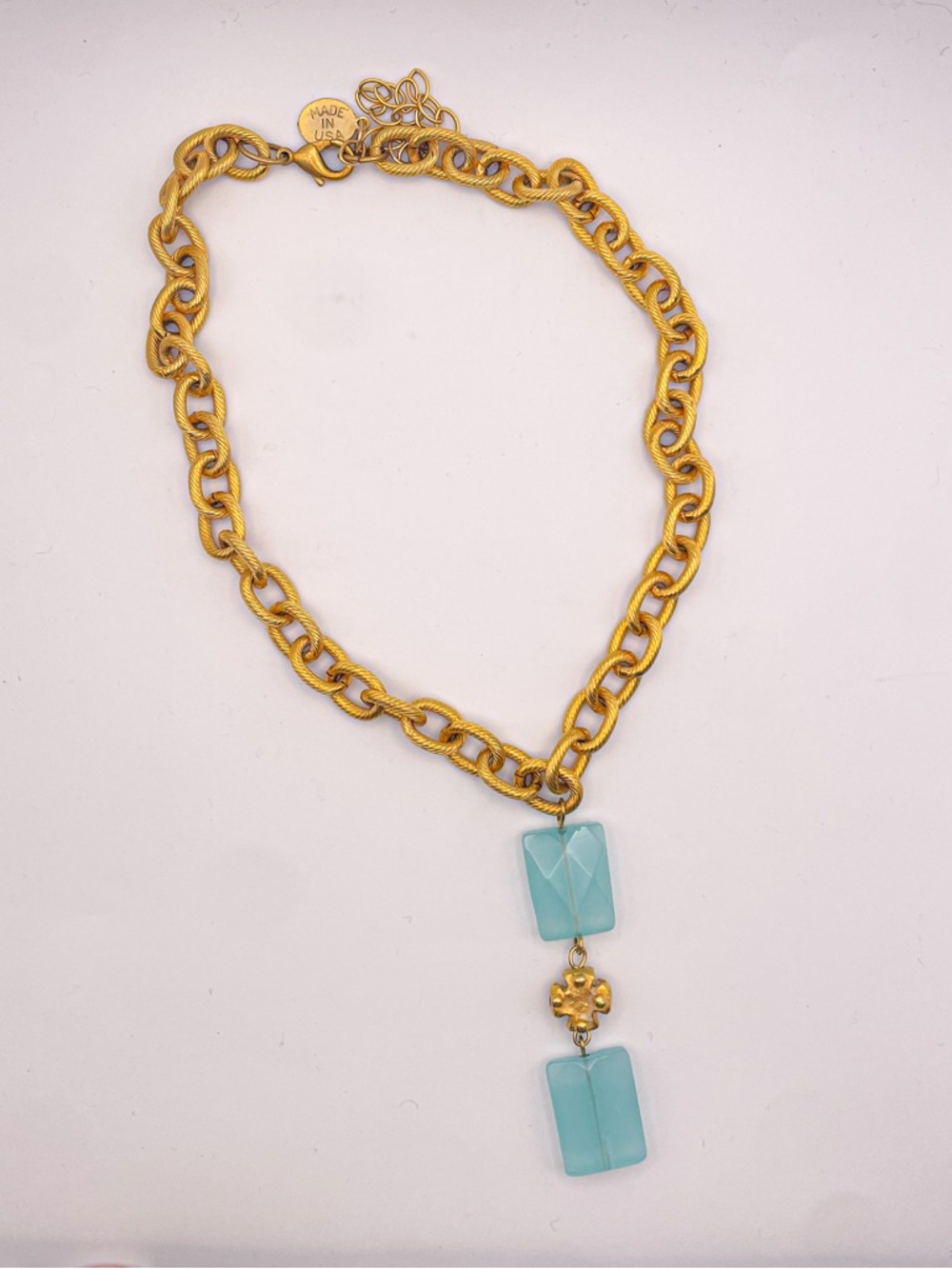 Susan Shaw Gold Plated Chain Necklace with Aqua Blue Glass Pendant - Picture 5 of 8